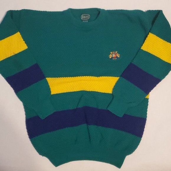 Vintage Izod Chunky Cable Knit Tennis Sweater V Neck Size M Green Blue Yellow - Picture 1 of 10